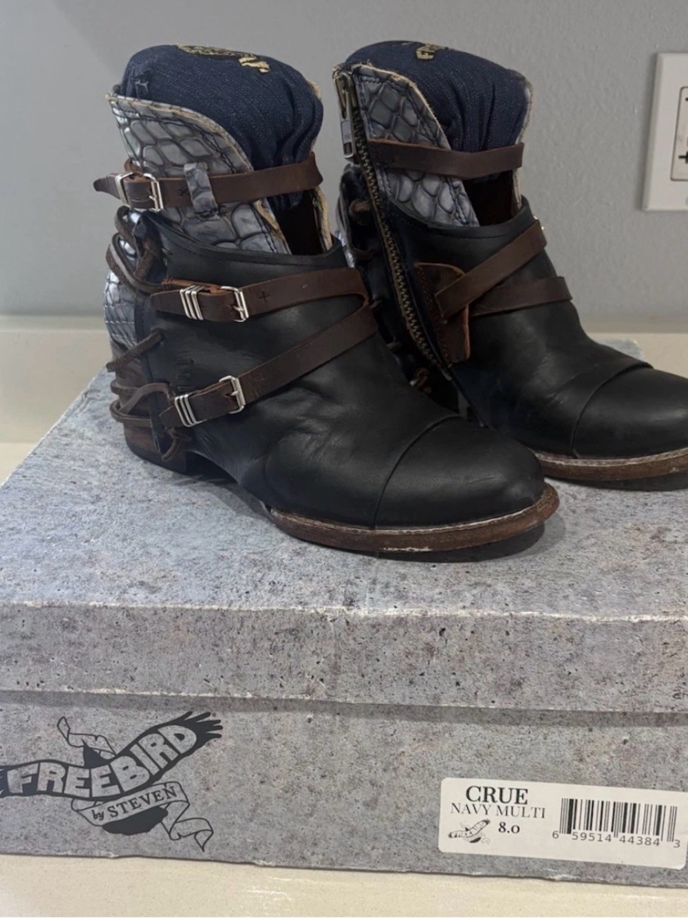Freebird by Steven Crue Navy Leather & brown Multi  Ankle Boots